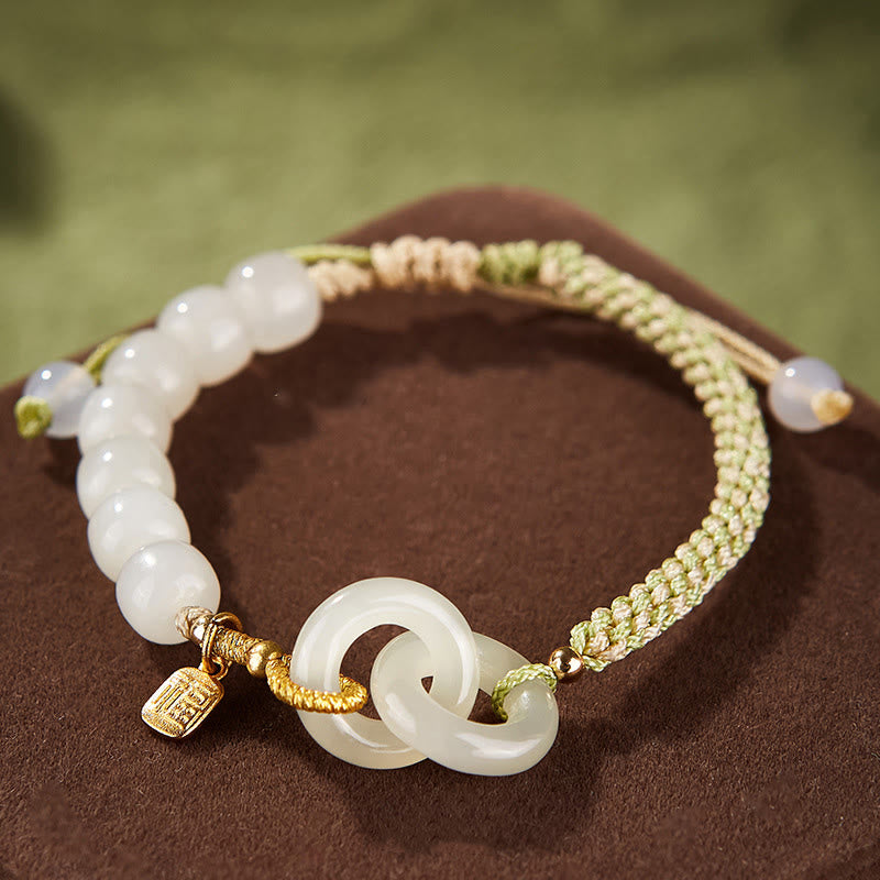 KarmaRipple's Authentic Hetian Jade Bead Double Peace Buckle Fu Character Abundance Woven Bracelet p32