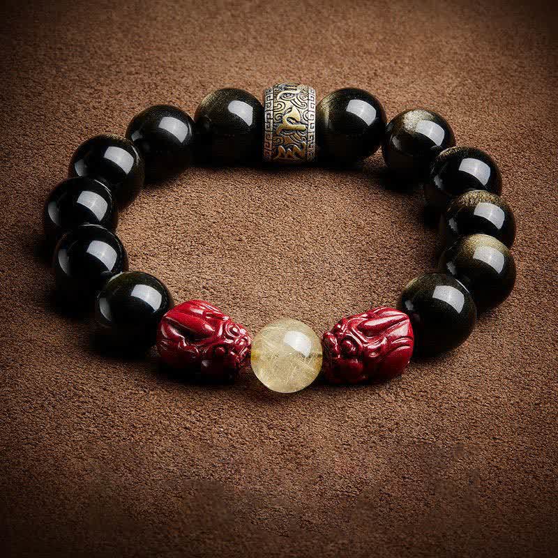 KarmaRipple's Gold Sheen Obsidian PiXiu Cinnabar Om Mani Padme Hum Protection Bracelet p12