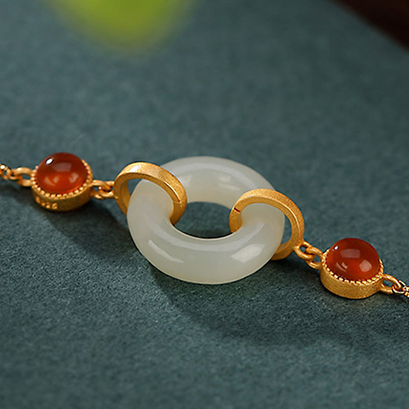 KarmaRipple's 925 Sterling Silver Plated Gold Authentic Hetian Jade Peace Buckle Red Agate Fortune Bracelet p4