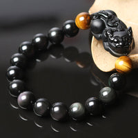KarmaRipples FengShui PiXiu-Reichtumsarmband aus Regenbogen-Obsidian und Tigerauge