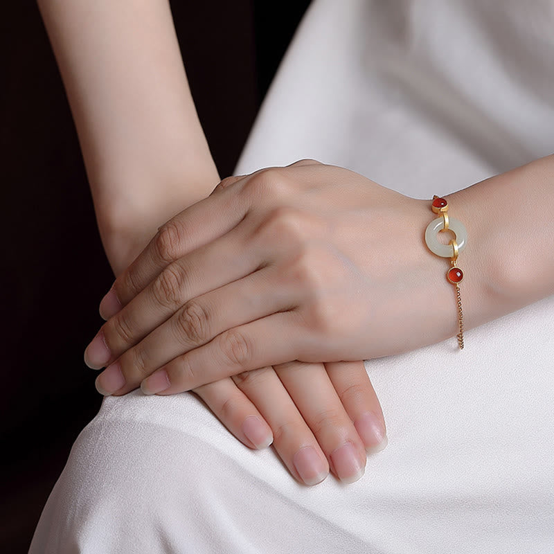 KarmaRipple's 925 Sterling Silver Plated Gold Authentic Hetian Jade Peace Buckle Red Agate Fortune Bracelet p5