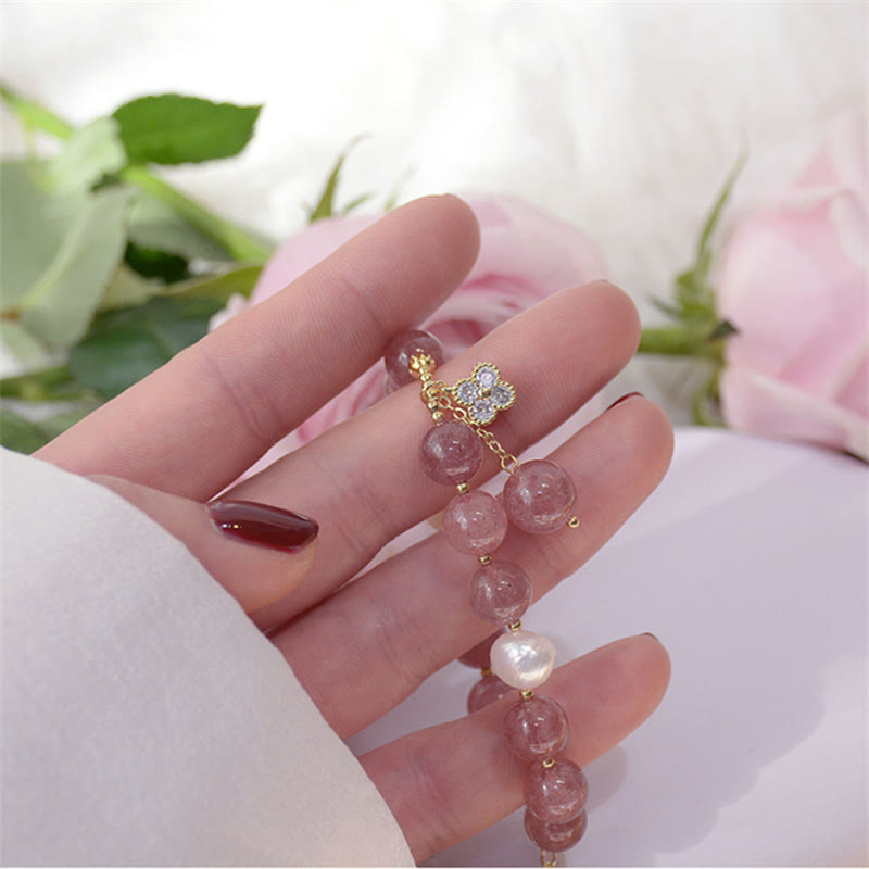 KarmaRipple's Authentic Strawberry Quartz Pearl Four Leaf Clover Love Bracelet p9