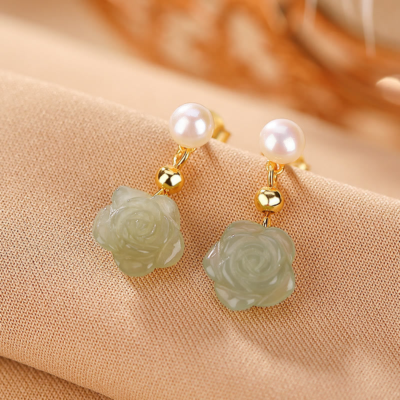 KarmaRipple's 925 Sterling Silver Plated Gold Jade Rose Flower Cyan Jade Pearl Fortune Earrings p17