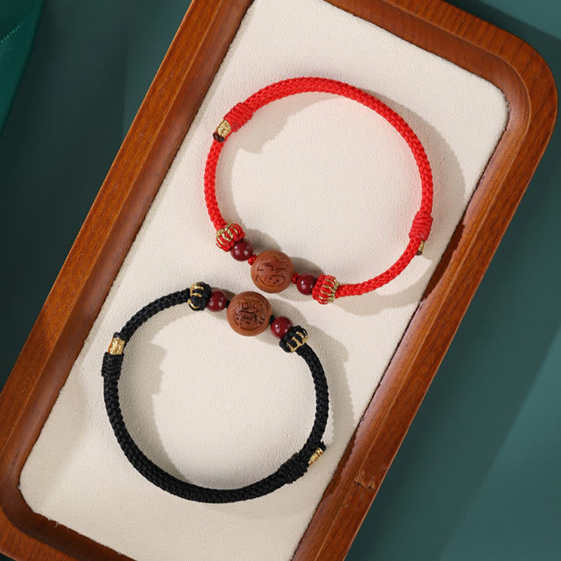 KarmaRipple's Authentic Peach Wood Chinese Zodiac Fu Character Carved Cinnabar Wealth Bracelet p21