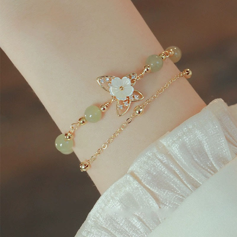 KarmaRipple's 14K Gold Plated Jade Butterfly Tridacna Stone Flower Double Layer Fortune Bracelet p1