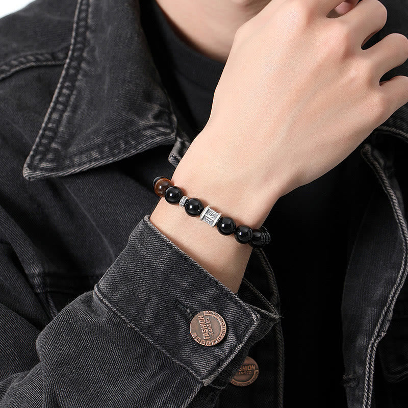 KarmaRipple's 999 Sterling Silver Black Obsidian Tiger Eye Om Mani Padme Hum Fulfillment Bracelet p7