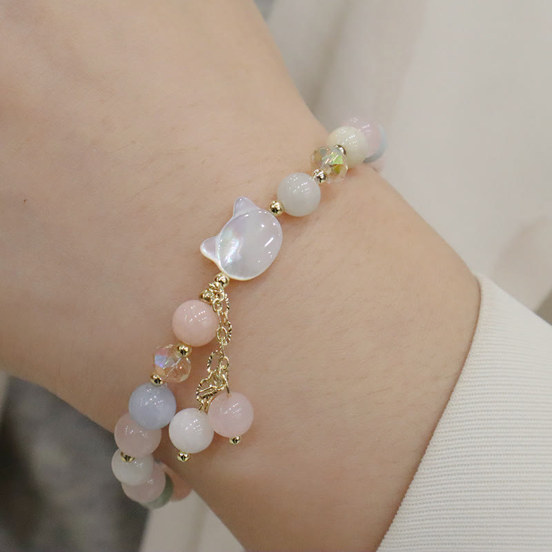 KarmaRipple's Authentic Strawberry Quartz Morganite Tridacna Stone Cat Love Bracelet p7