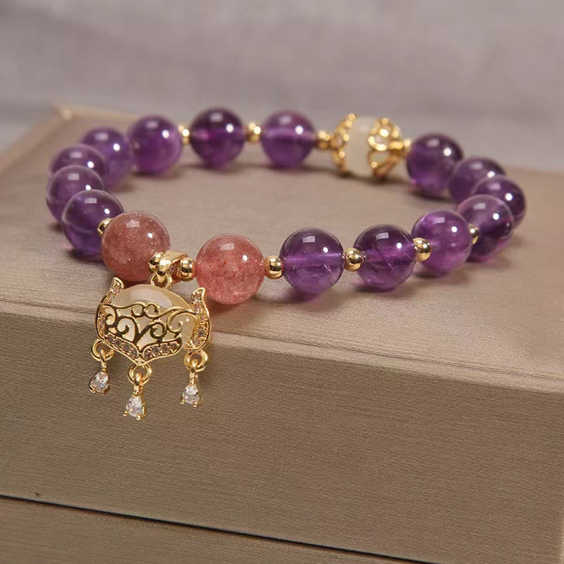 KarmaRipple's Authentic Amethyst Strawberry Quartz Cat Eye Chinese Lock Talisman Balancing Bracelet p4