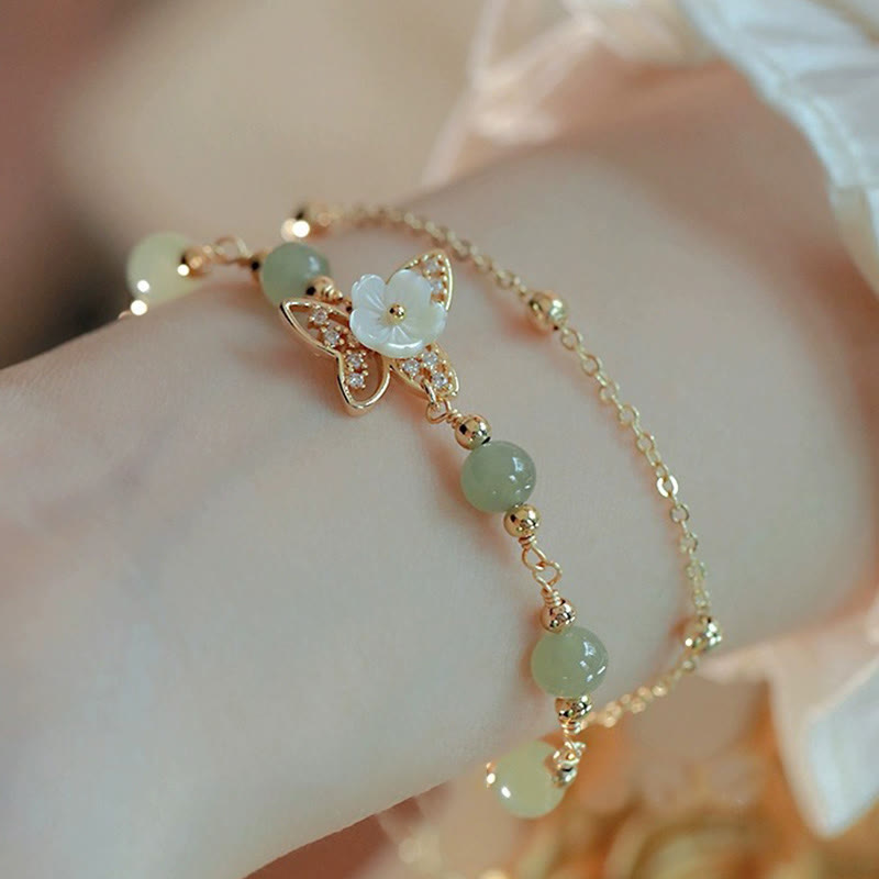 KarmaRipple's 14K Gold Plated Jade Butterfly Tridacna Stone Flower Double Layer Fortune Bracelet p5