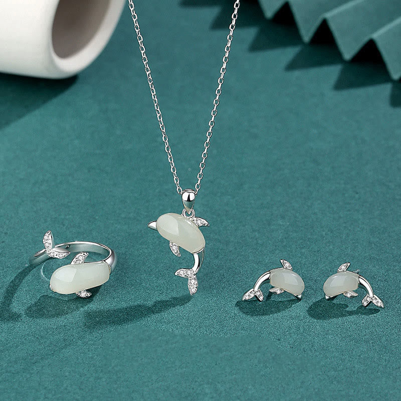 KarmaRipple's 925 Sterling Silver Cute Dolphin Hetian Jade Red Agate Fortune Pendant Necklace Ring Earrings Set p1
