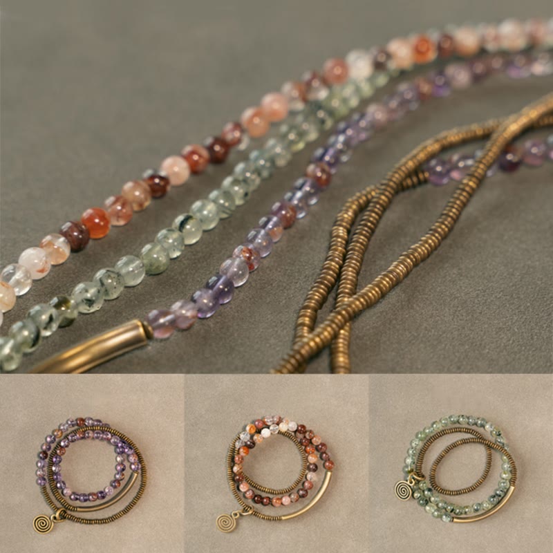 KarmaRipple's Purple Phantom Red Hematoid Quartz Green Rutilated Quartz Bronze Love Forgive Bracelet p27