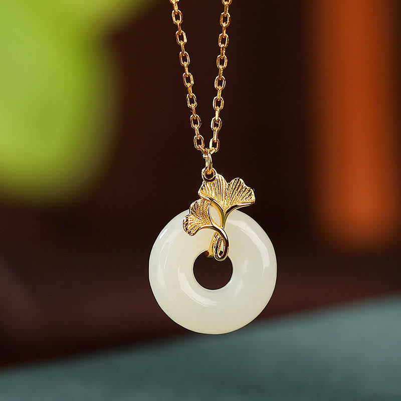 KarmaRipple's 925 Sterling Silver Authentic Hetian Jade Ginkgo Leaf Peace Buckle Fortune Pendant Necklace p2
