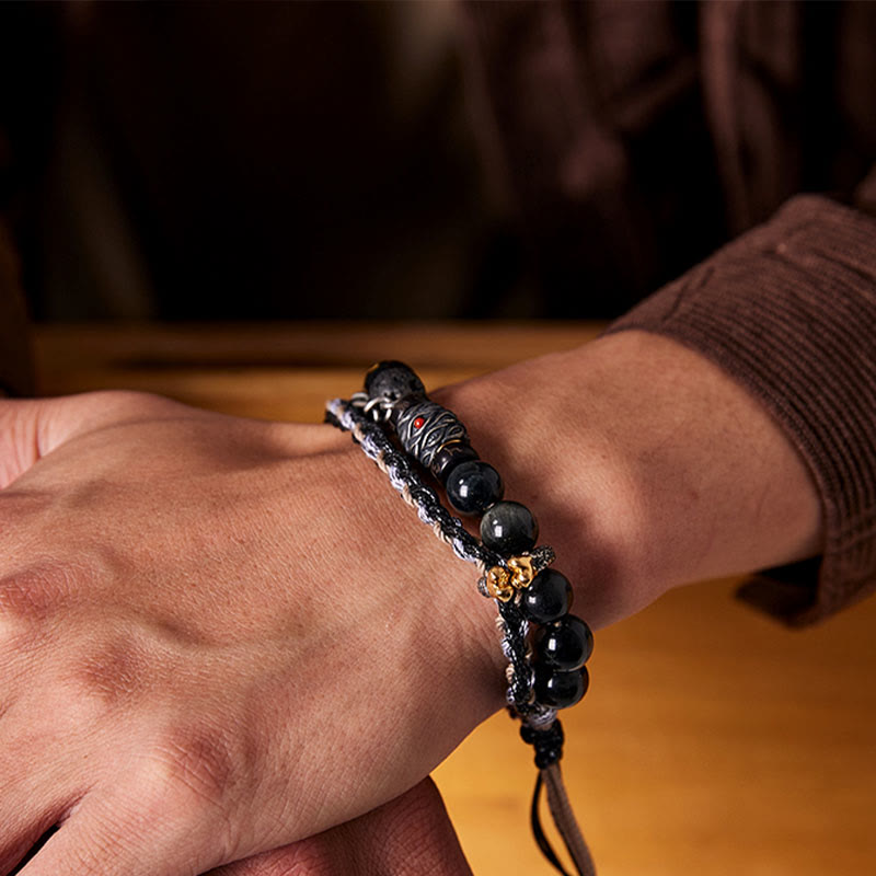 KarmaRipple's 925 Sterling Silver Lava Rock Eagle's Eye Stone Fortunate Beadwork Handmade Balancing Bracelet p12