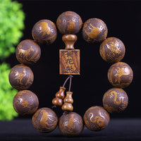 KarmaRipples chinesisches Tierkreiszeichen-Armband aus Palisander, Ebenholz, Buchsbaum, Bronzemünze, PiXiu-Schnitzerei, Wärme