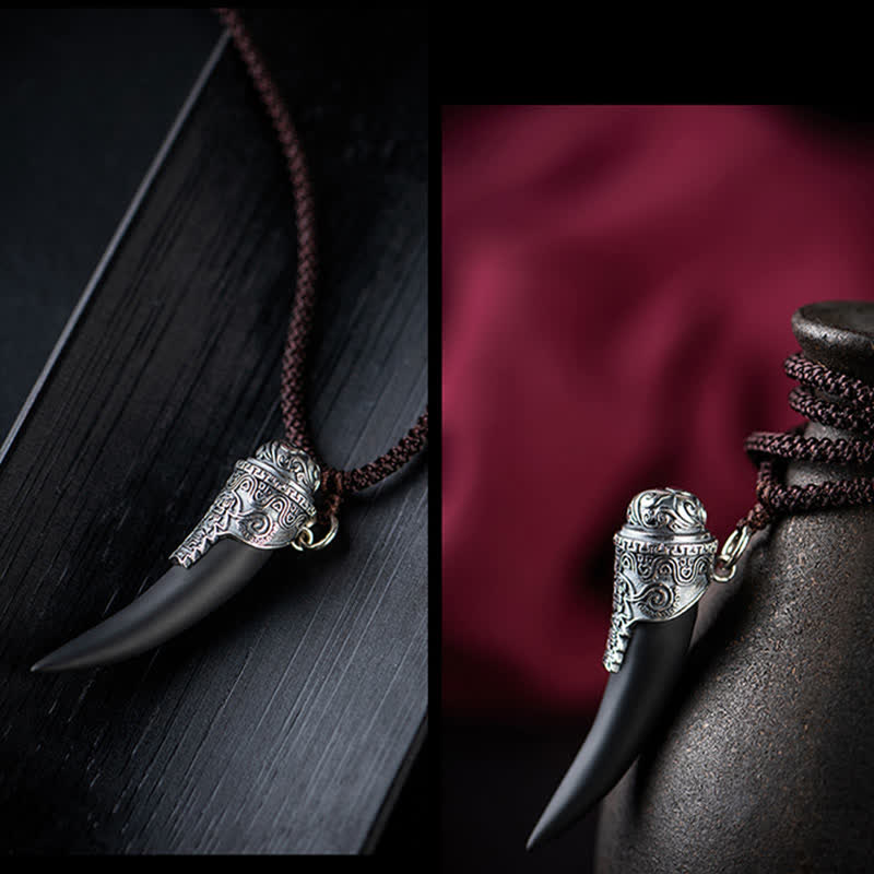 KarmaRipple's 925 Sterling Silver Black Obsidian Wolf Tooth Pattern Strength Pendant Necklace p8