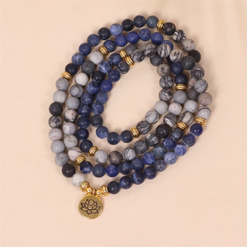 KarmaRipple's 108 Mala Beadwork Sodalite Zebra Jasper Gemstone Lotus Strength Bracelet p2