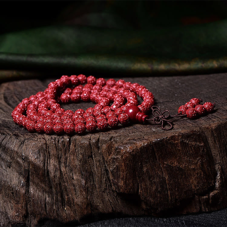 KarmaRipple's 108 Mala Beadwork Cinnabar Om Mani Padme Hum Pattern Engraved Blessing Bracelet p9