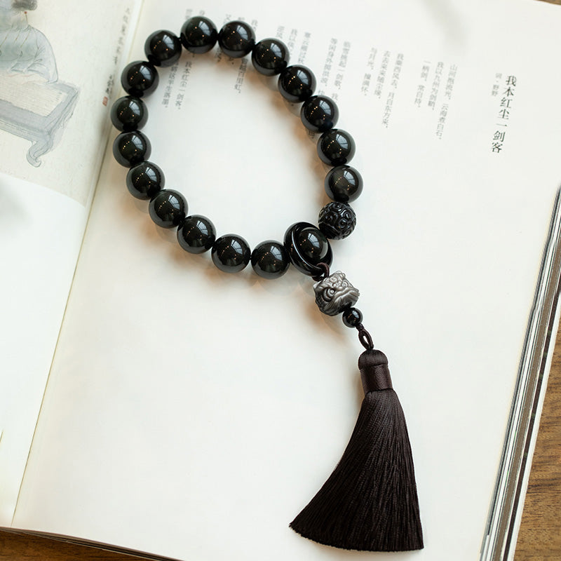 KarmaRipple's Authentic Silver Sheen Obsidian Black Obsidian Lion Wrist Mala Protection Tassels Pocket Mala Car Decoration p3