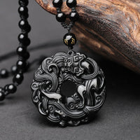 KarmaRipples authentische Halskette mit Pixiu-Reinigungsanhänger aus schwarzem Obsidian mit Peace Buckle