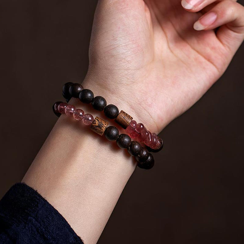 KarmaRipple's 925 Sterling Silver Chinese Zodiac Natal Buddha Agarwood Strawberry Quartz Peace Double Wrap Bracelet p15
