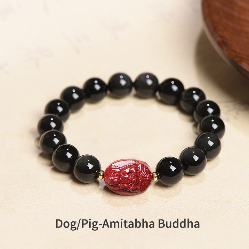 KarmaRipple's Chinese Zodiac Natal Buddha Authentic Black Obsidian Cinnabar Purification Bracelet p47