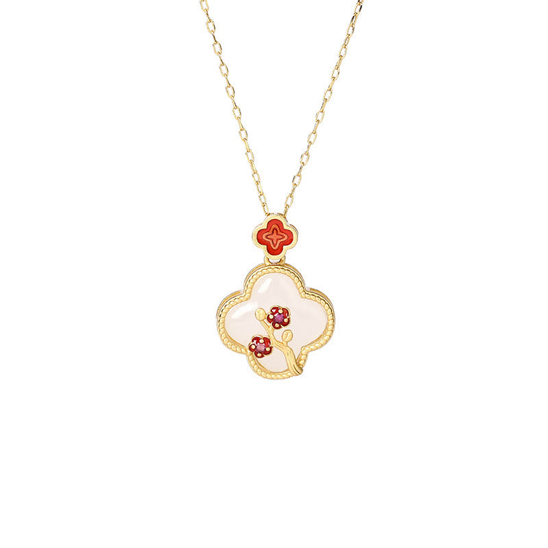 KarmaRipple's 24K Gold Plated Ivory Jade Four Leaf Clover Plum Blossom Fortune Pendant Necklace Earrings p6