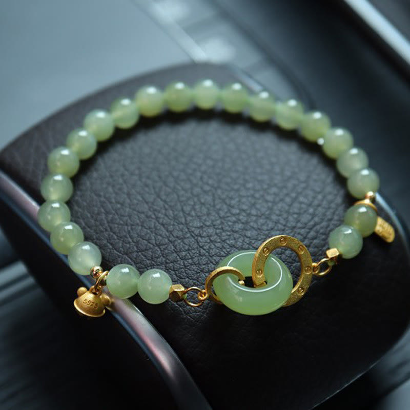 KarmaRipple's 925 Sterling Silver Plated Gold Authentic Hetian Jade Bead Gourd Lotus Bamboo Fu Character Fortune Bracelet p55
