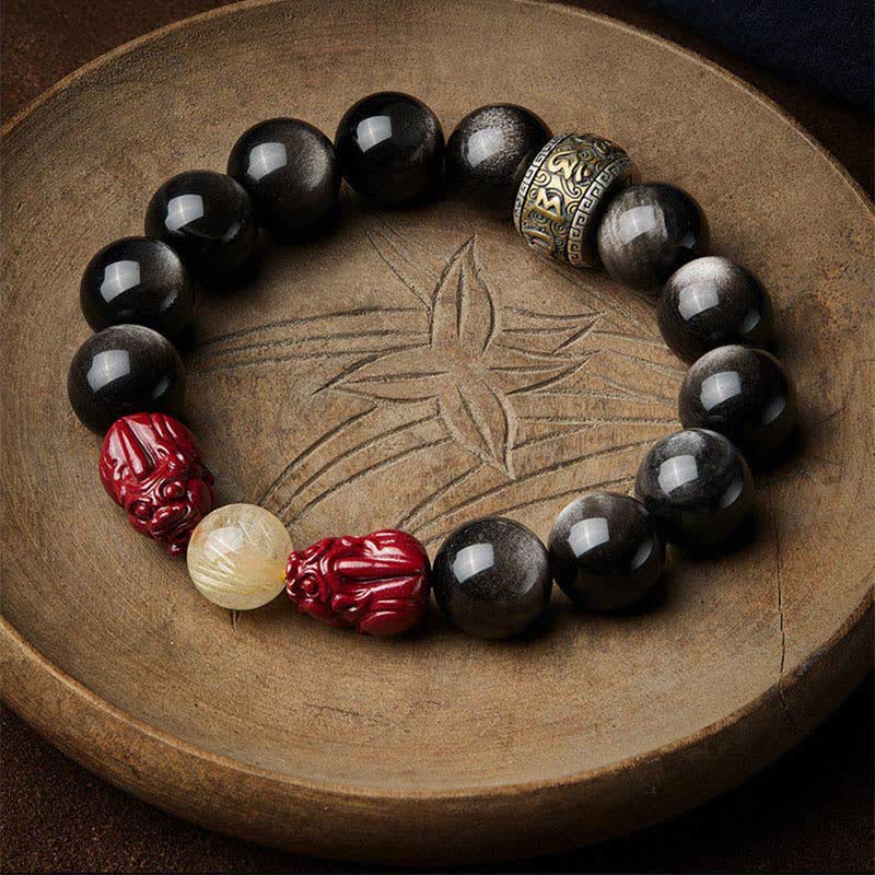 KarmaRipple's Gold Sheen Obsidian PiXiu Cinnabar Om Mani Padme Hum Protection Bracelet p13