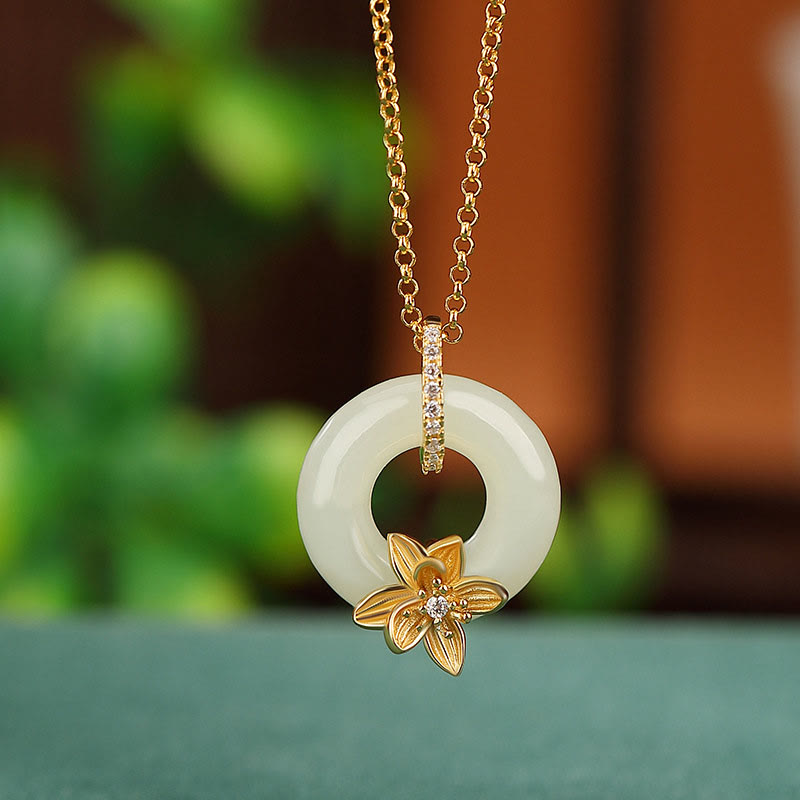 KarmaRipple's 925 Sterling Silver Hetian Jade Peace Buckle Flower Fortune Pendant Necklace p3