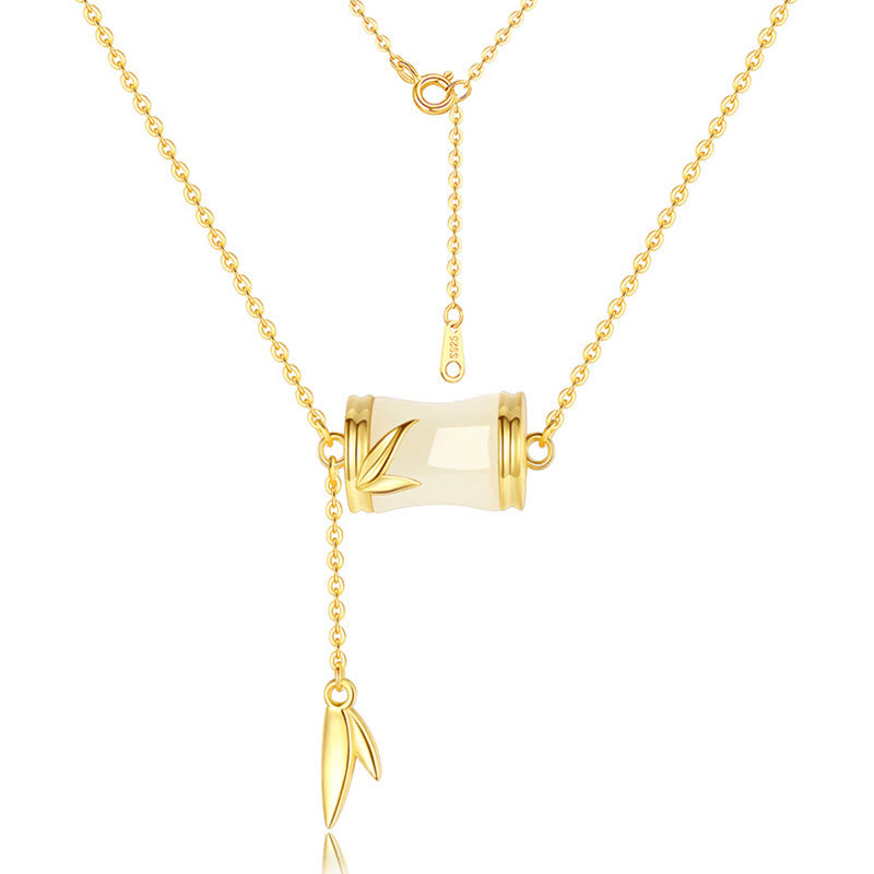 KarmaRipple's 925 Sterling Silver 22K Gold Hetian Ivory Jade Bamboo Leaf Fortune Pendant Necklace Bracelet p7