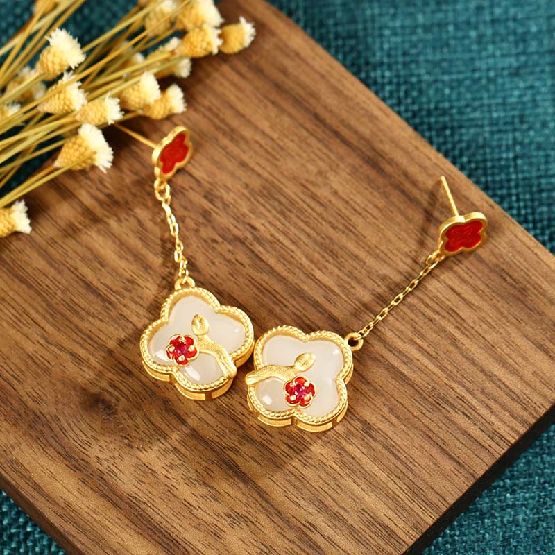 KarmaRipple's 24K Gold Plated Ivory Jade Four Leaf Clover Plum Blossom Fortune Pendant Necklace Earrings p8
