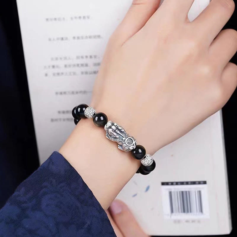 KarmaRipple's 925 Sterling Silver Authentic Gold Sheen Obsidian PiXiu Wealth Protection Bracelet p5
