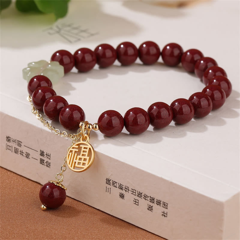 KarmaRipple's Cinnabar Fu Character Hetian Jade Fortunate Four Leaf Clover Blessing Bracelet p4