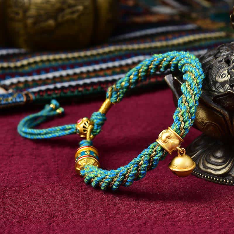 KarmaRipple's Tibetan Handmade Fortune Protection Thangka Prayer Wheel Bell Talisman Braid String Bracelet p3
