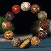KarmaRipples Armband mit chinesischem Tierkreiszeichen, Rosenholz, grünem Sandelholz, Ebenholz, Bronzemünze, geschnitzt, ruhig