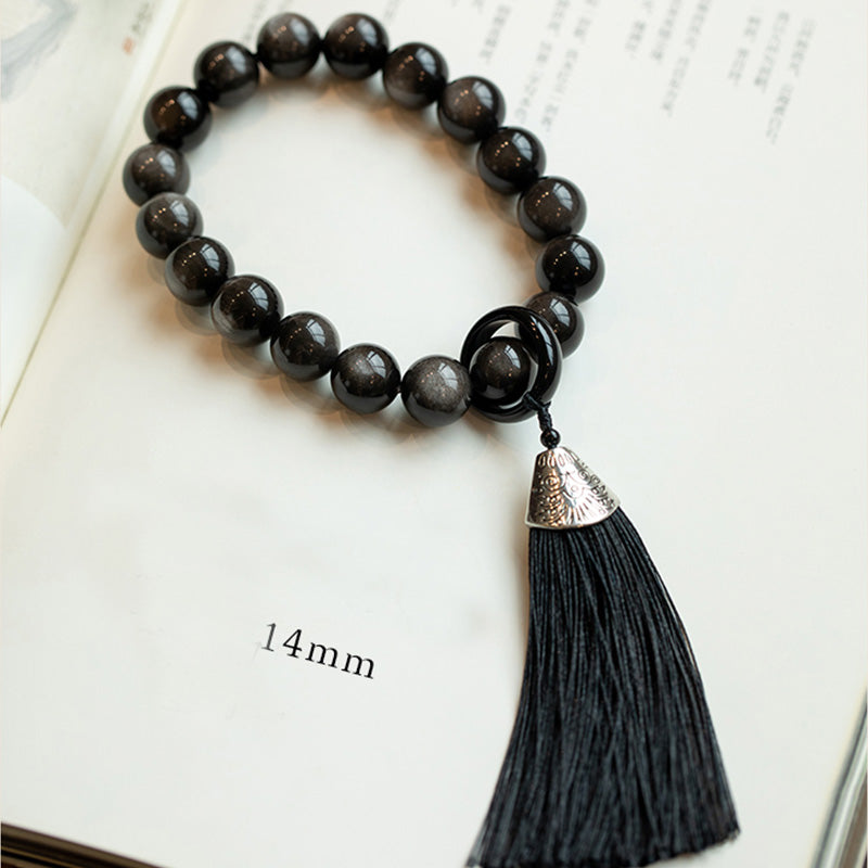 KarmaRipple's Authentic Silver Sheen Obsidian Black Obsidian Lion Wrist Mala Protection Tassels Pocket Mala Car Decoration p6
