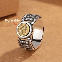 KarmaRipples tibetischer Om Mani Padme Hum-Ring mit geschnitztem Design und Bronzemünze „Reinheit“, drehbar