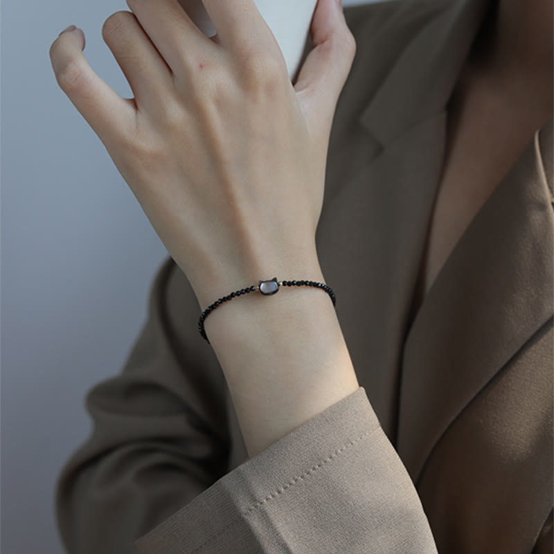 KarmaRipple's 14K Gold Plated Black Spinel Ivory Gemstone Cute Cat Tridacna Stone Balancing Bracelet p8