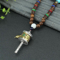 KarmaRipples tibetische Halskette mit Gebetsmühle und Vajra-Holzanhänger „Om Mani Padme Hum“