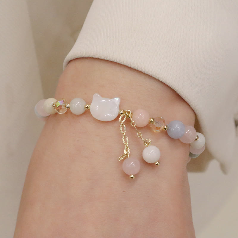 KarmaRipple's Authentic Strawberry Quartz Morganite Tridacna Stone Cat Love Bracelet p6