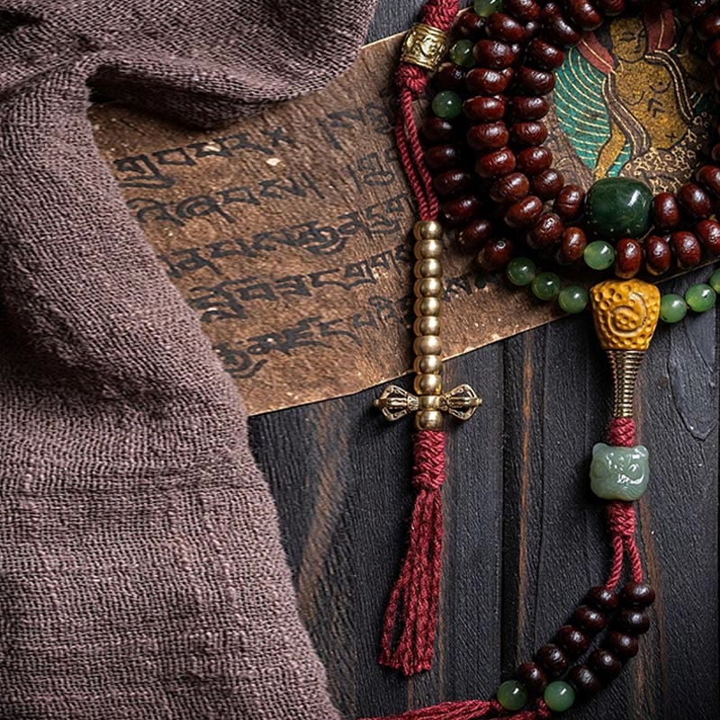 KarmaRipple's Authentic Tibet 108 Mala Beadwork Purple Bodhi Seed Hetian Cyan Jade Bronze Dorje Peace Bracelet p5