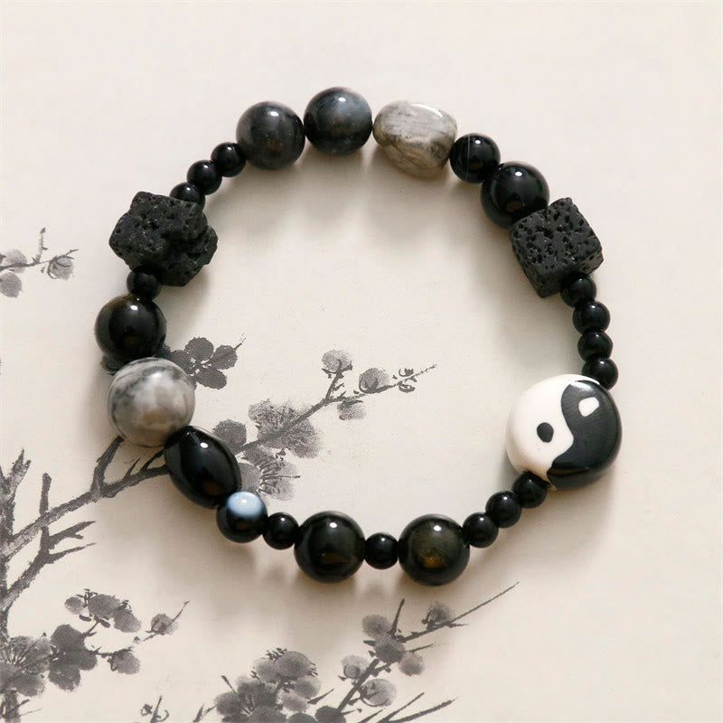 KarmaRipple's Black Onyx Picasso Jasper Bead Yin Yang Fortune Protection Bracelet p1