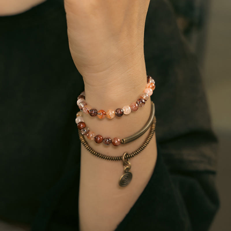 KarmaRipple's Purple Phantom Red Hematoid Quartz Green Rutilated Quartz Bronze Love Forgive Bracelet p20