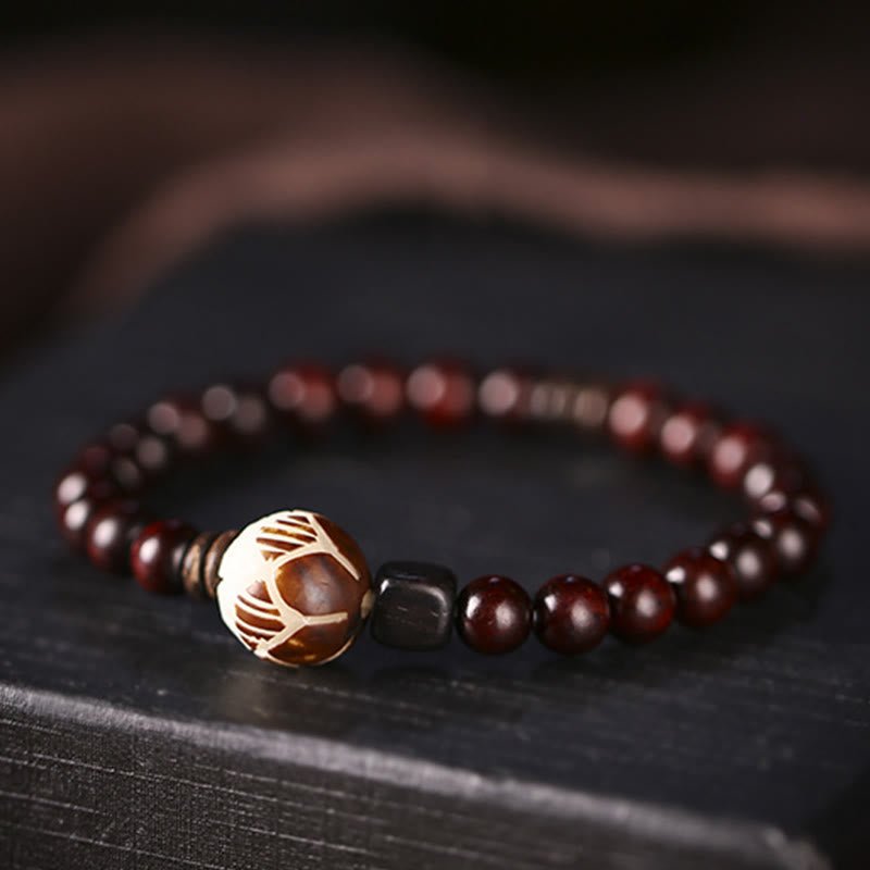 KarmaRipple's Small Leaf Red Sandalwood Lotus Bodhi Seed Carved Protection Double Wrap Bracelet p9