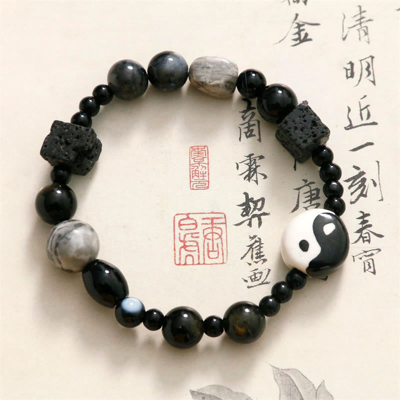 KarmaRipple's Black Onyx Picasso Jasper Bead Yin Yang Fortune Protection Bracelet p2