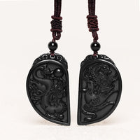 KarmaRipples Halskette mit Schutzanhänger aus schwarzem Obsidian mit Drachen- und Phönix-Anhänger