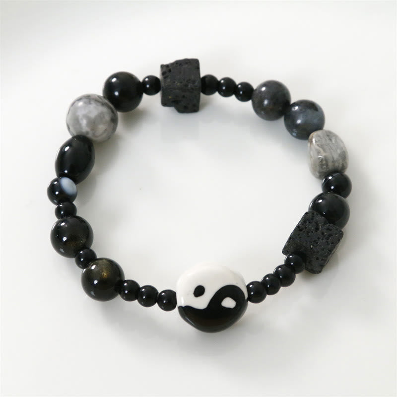 KarmaRipple's Black Onyx Picasso Jasper Bead Yin Yang Fortune Protection Bracelet p11