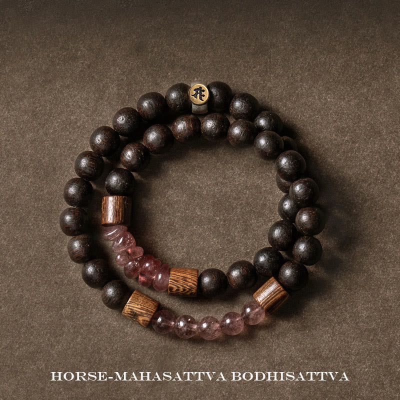 KarmaRipple's 925 Sterling Silver Chinese Zodiac Natal Buddha Agarwood Strawberry Quartz Peace Double Wrap Bracelet p40