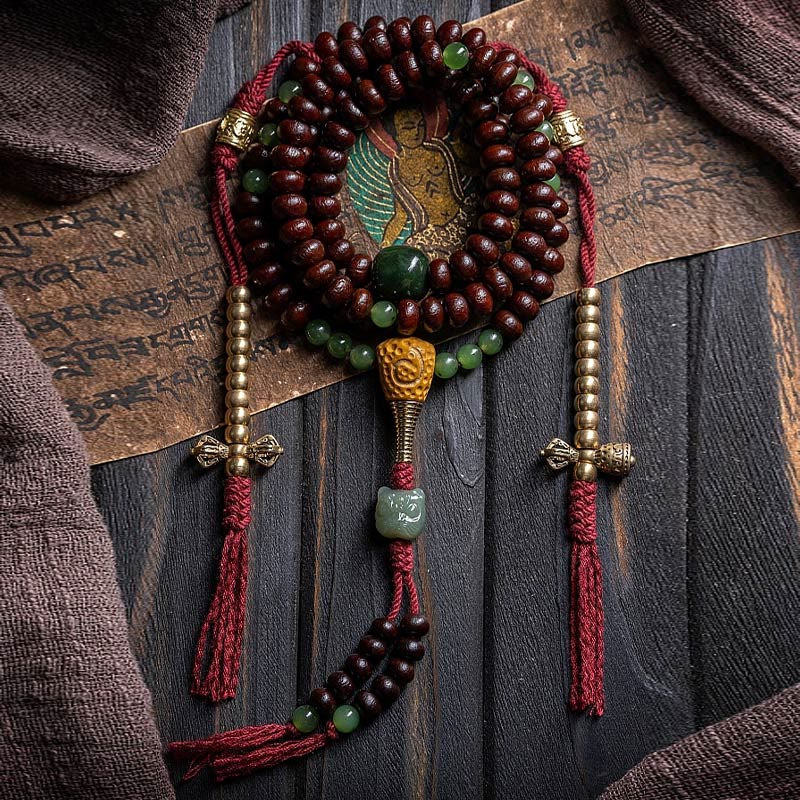 KarmaRipple's Authentic Tibet 108 Mala Beadwork Purple Bodhi Seed Hetian Cyan Jade Bronze Dorje Peace Bracelet p28