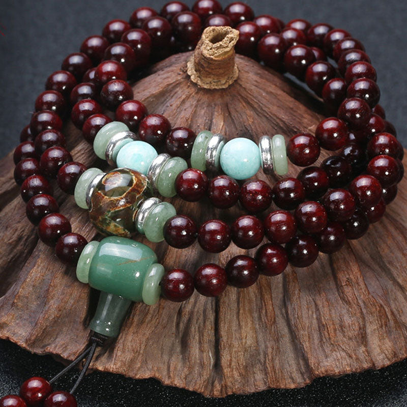 KarmaRipple's 108 Beadwork Small Leaf Red Sandalwood Green Aventurine Amazonite Fortune Balancing Bracelet Mala p2